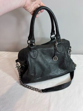 Audrey Brooke black leather, three compartment, double handle shoulder strap